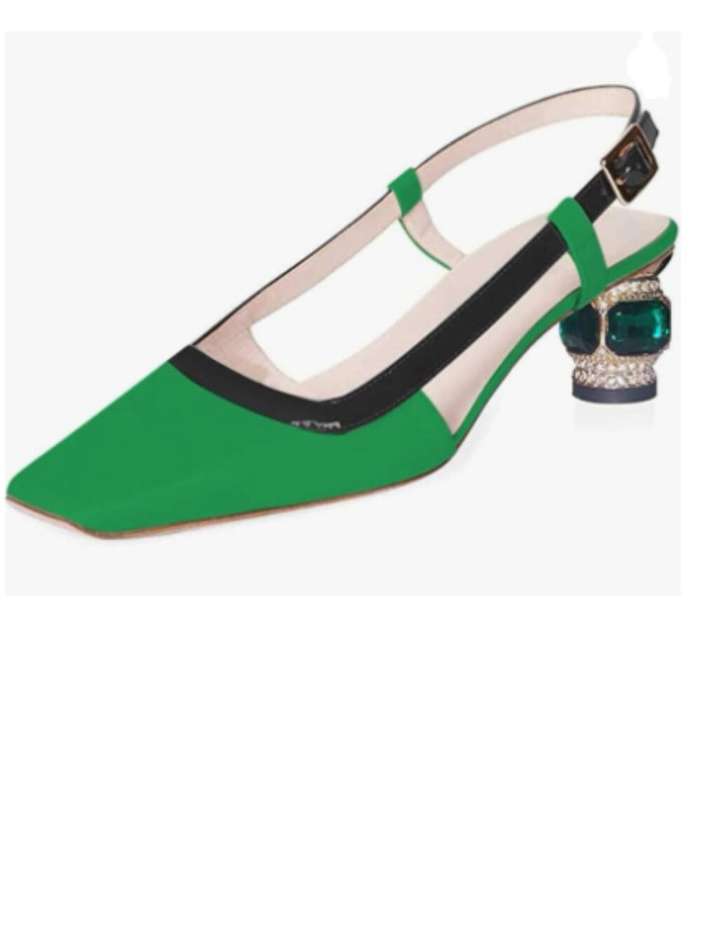 FSJ Green Square Toe Pumps Rhinestones Chunky Low Heel Cutout Slingback Sandals